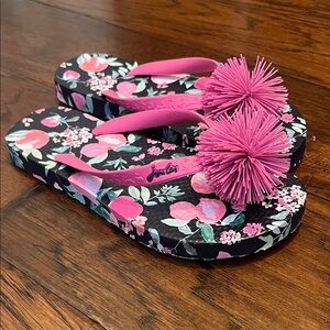 Joules Floral Flip Flops with Pink Pom Accents